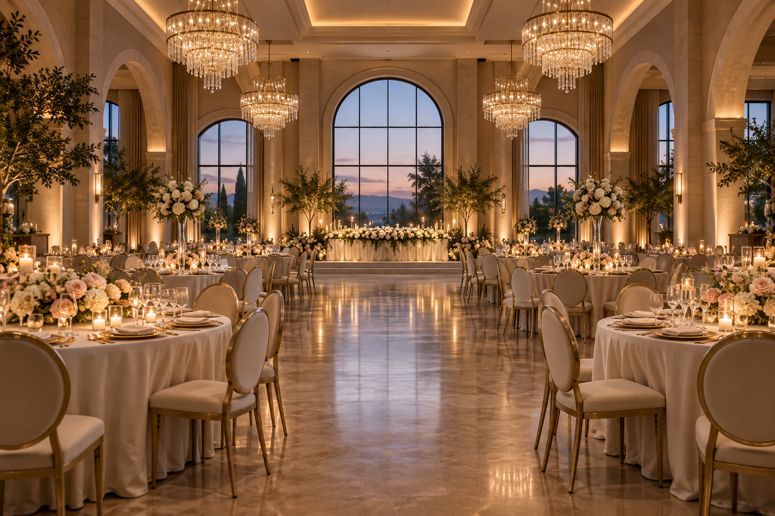 AI-generated celebration setting with elegant tables and flowers